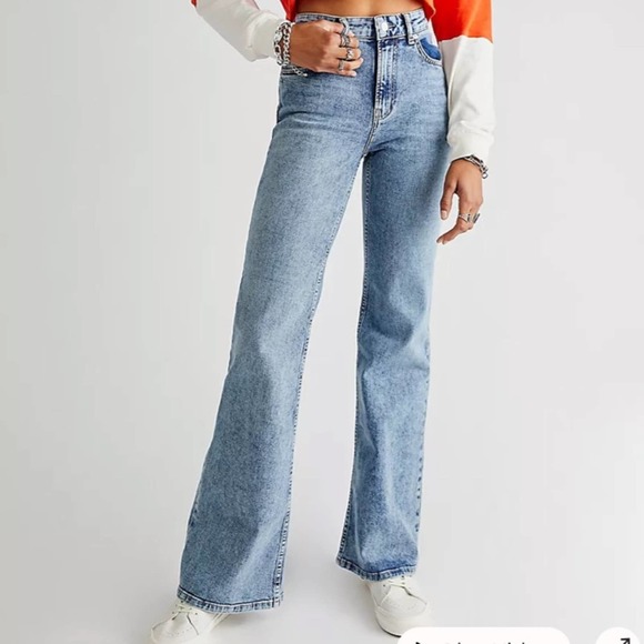 NEW Free People Thunderbird pink lightning bolt flare jeans, 33 - Picture 2 of 12